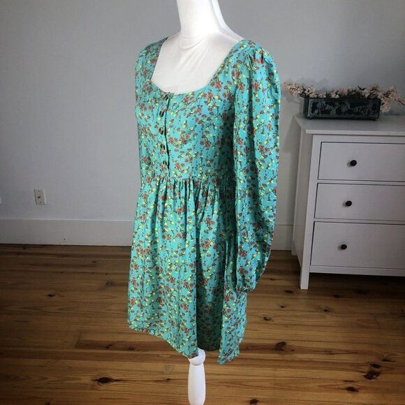 Chelsea & Violet Small Long Sleeve Aqua Cottage Core Dress Prairie Floral Mini - Picture 2 of 12
